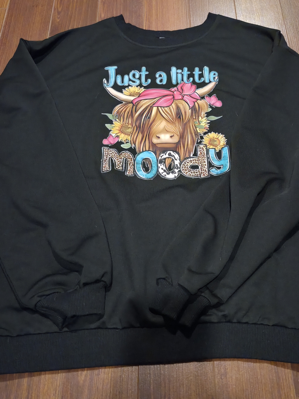 Just a Little Moody Black Sweatshirt with Highland Cow Graphic